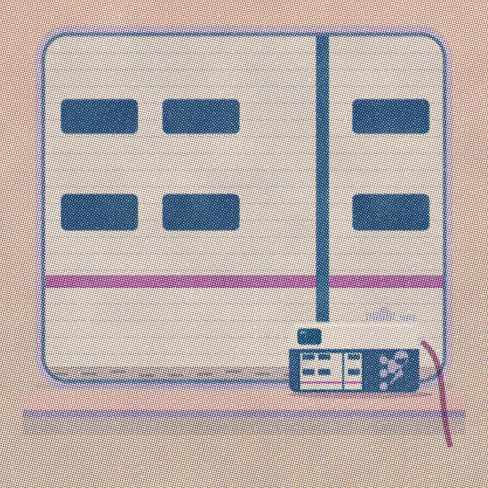 A double-deck TGV passing the other way fills the whole window