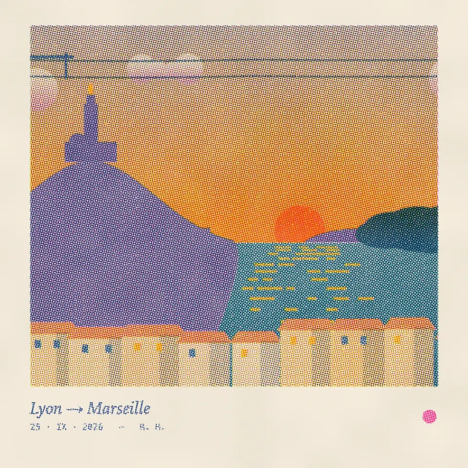 The same view as a riso print on cream paper, captioned Lyon to Marseille