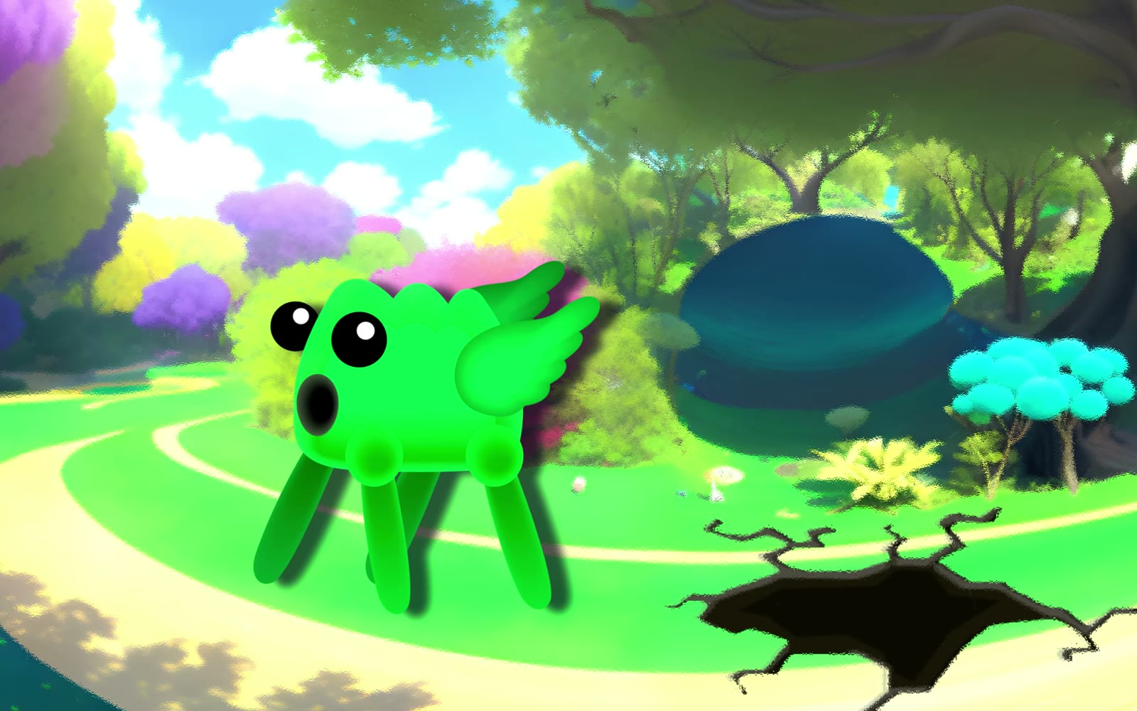 Go!Go! DNA intro: Jelly, a green blob with legs and wings, stands in a colourful cartoon forest next to a cracked hole in the ground.