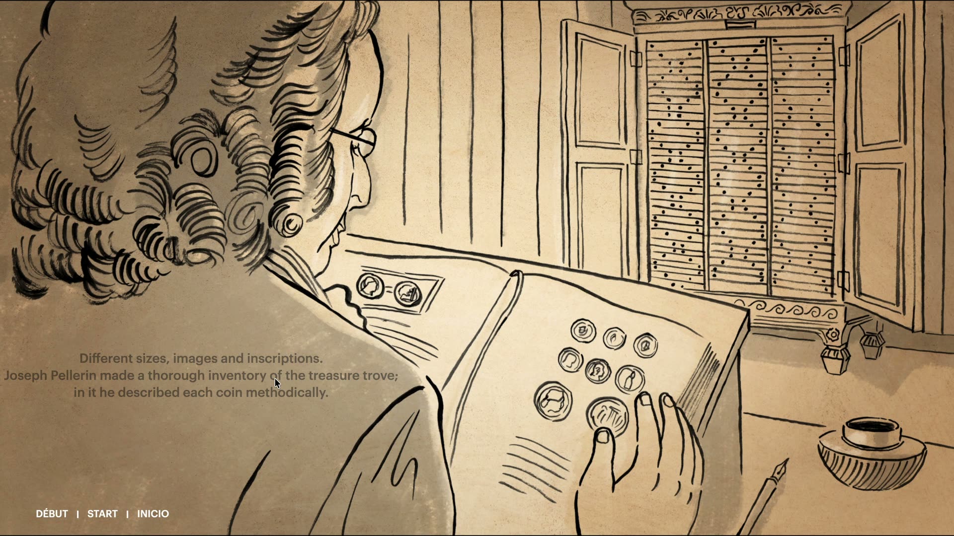 Screen capture: illustrated narrative of Joseph Pellerin's coin inventory