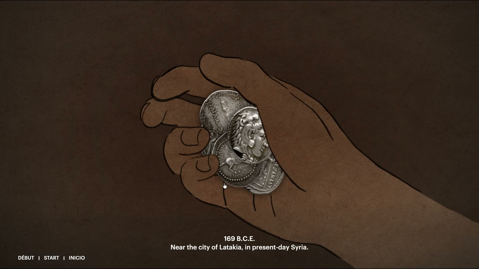 Screen capture: the 169 BCE coin-hoard opening scene with the DÉBUT / START / INICIO language bar